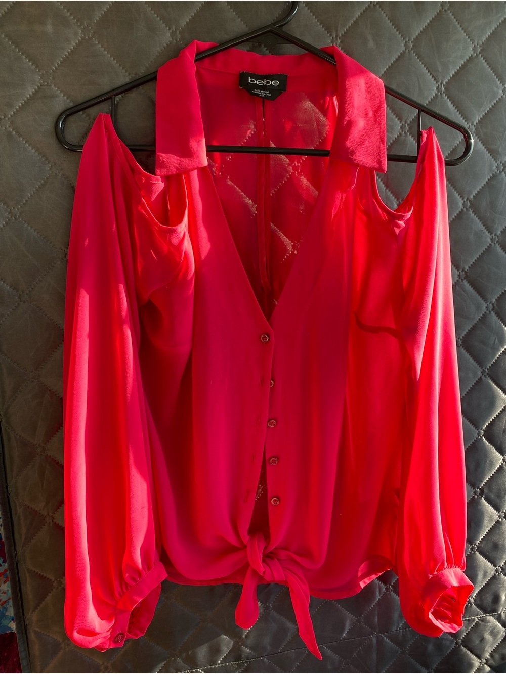 bebe Bright Pink Cold-Shoulder Tie-Front Blouse